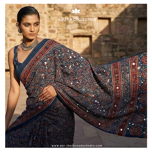 Ajrakh Saree with mirror work