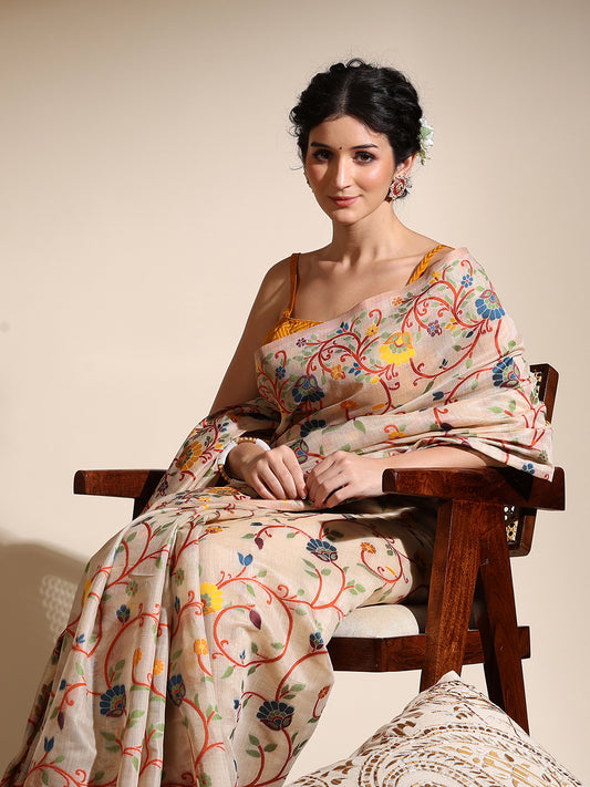 Beige Muslin Jamdani Saree