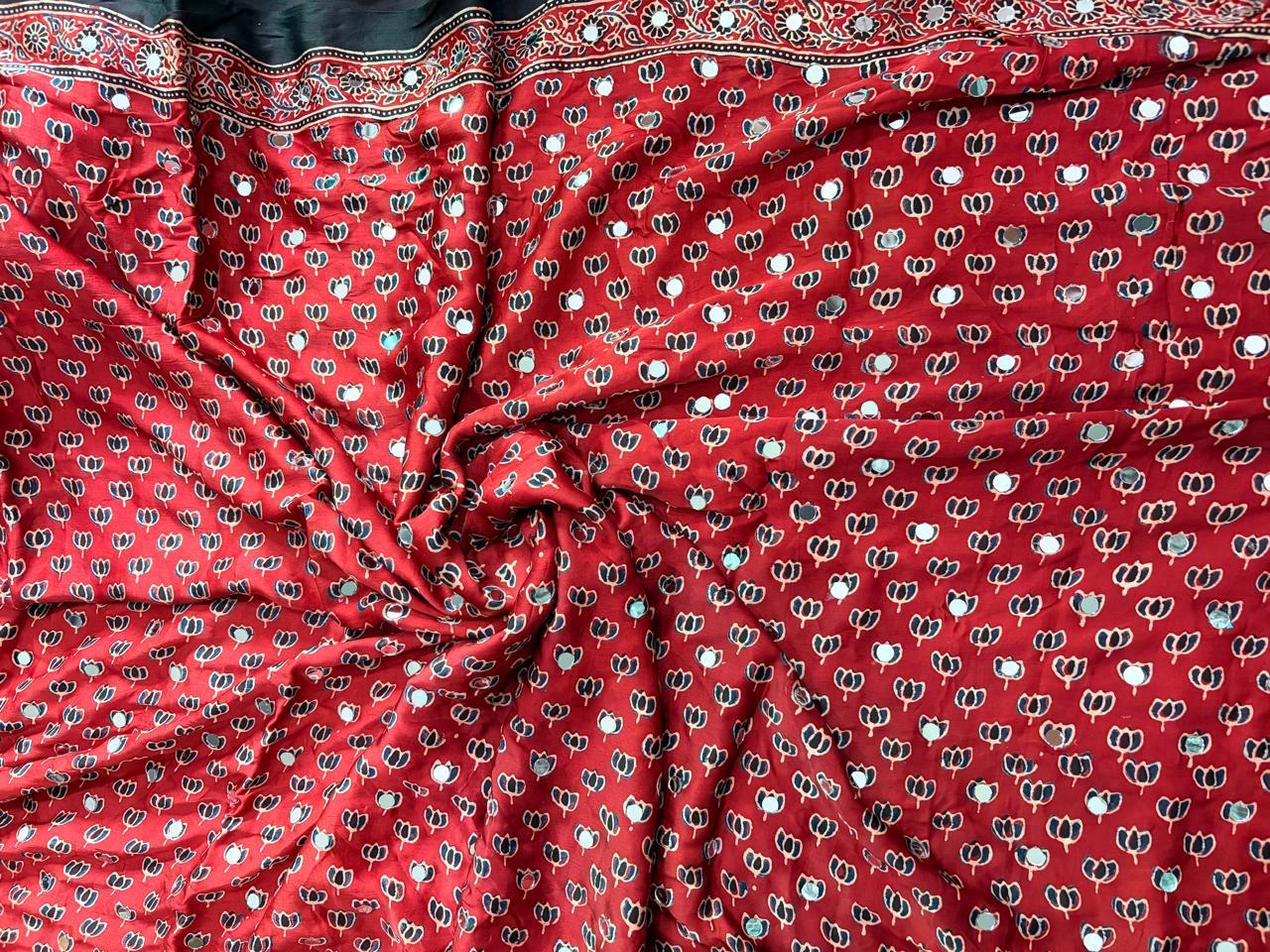 Brick Red Ajrakh Hand Block Printed Modal Silk Saree with Mirror Work