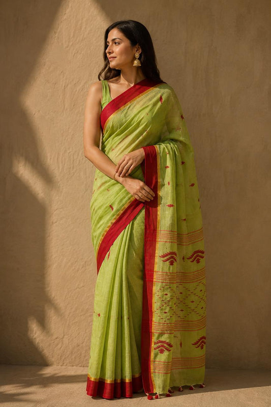 Green Linen Jamdani Saree with Red Motifs