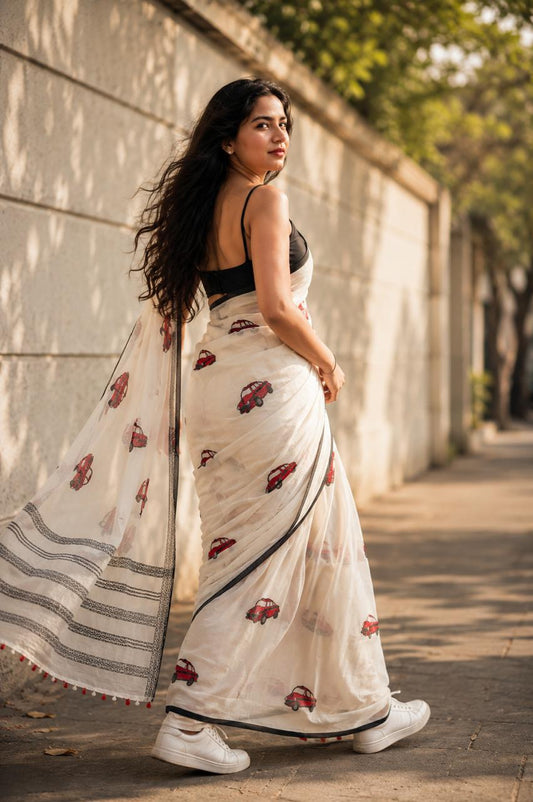 White mul cotton saree with car hand block print