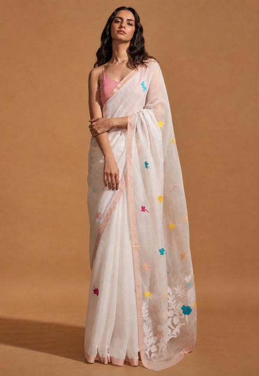 Matka muslin saree with dragon fly motifs