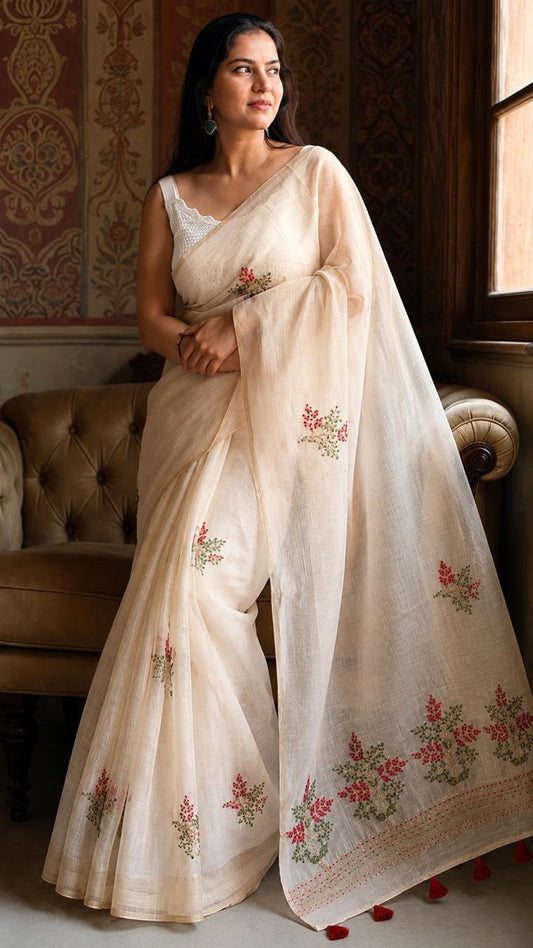 Ivory Linen Saree with Hand Embroidered