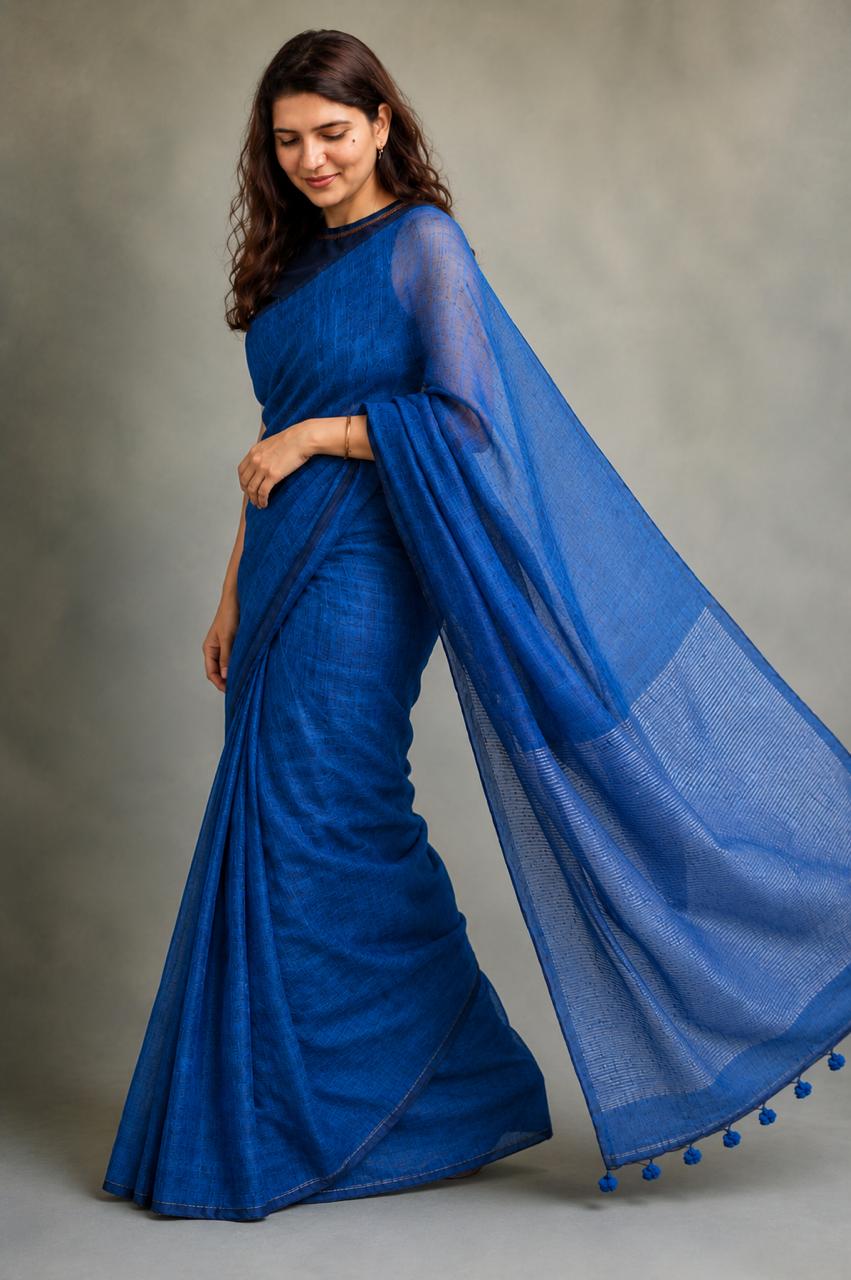 Blue Linen Saree with silver stripes on pallu