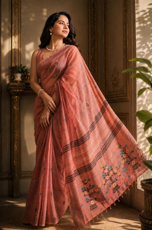Onion Pink Matka Muslin Saree with Floral Motifs
