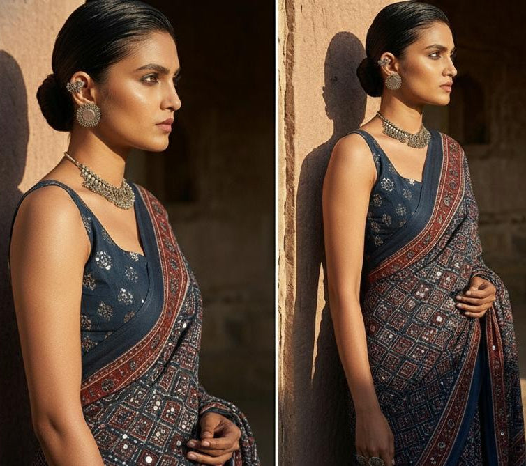 Ajrakh Saree with mirror work