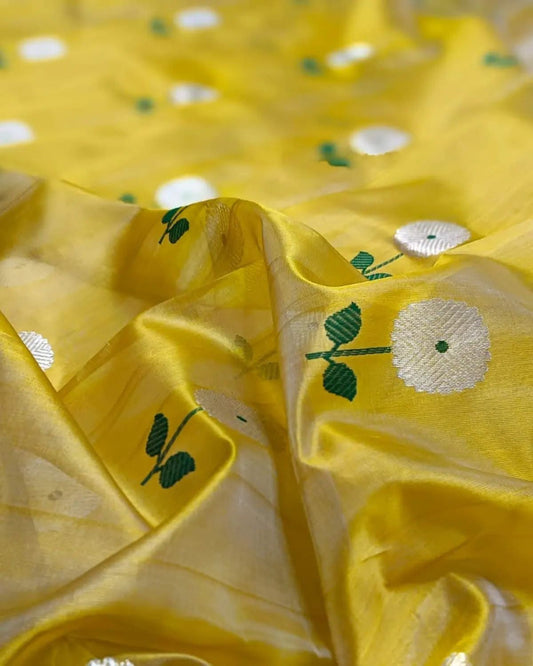 Yellow Chanderi Saree with Floral Motifs and Zari Pallu