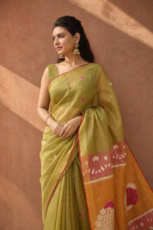 Sage Green Pure Linen Saree with Floral Motifs