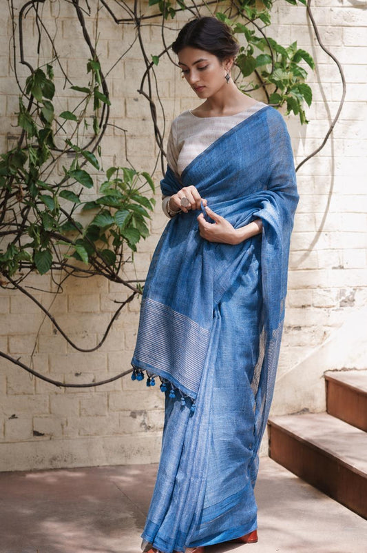 Blue Linen Saree with silver stripes