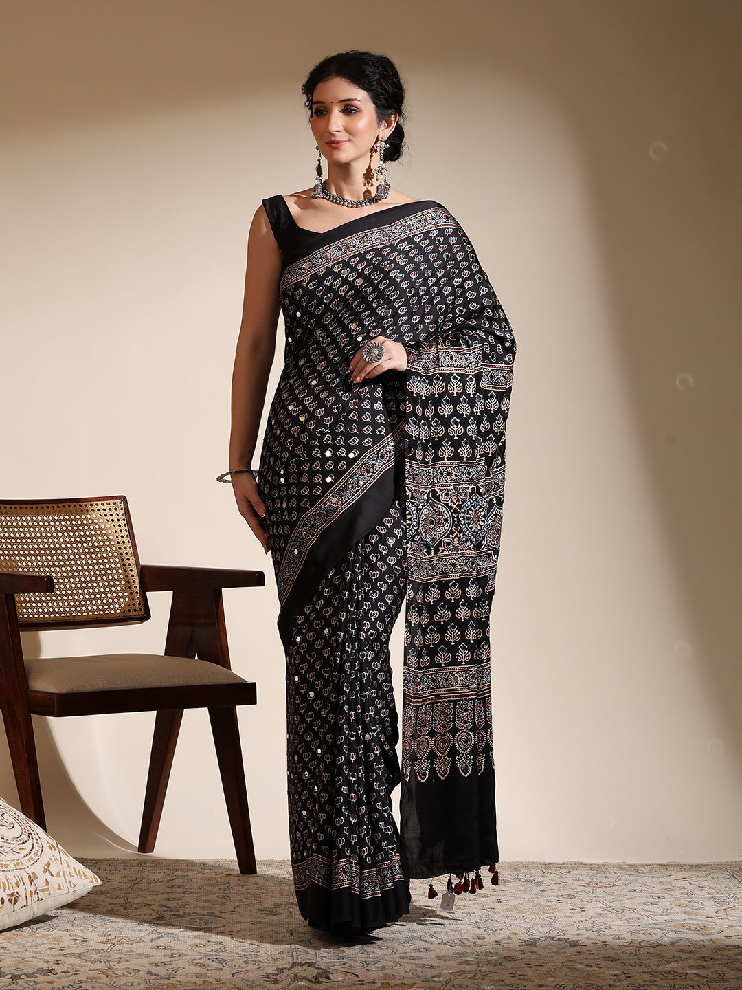 Black Ajrakh Hand Block Printed Modal Silk Saree with Mirror Work