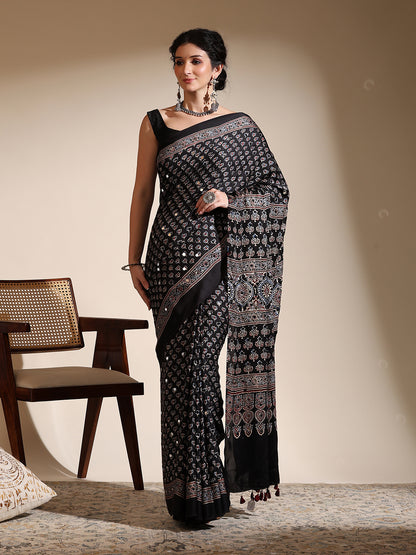 Black Ajrakh Hand Block Printed Modal Silk Saree with Mirror Work
