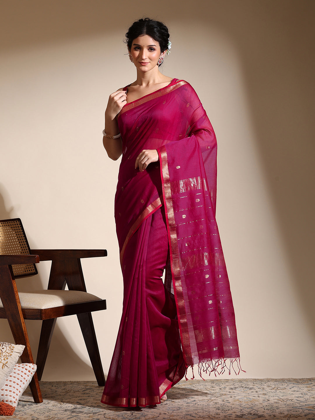 Rani Pink Maheshwari Saree with golden zari