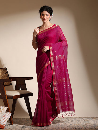 Rani Pink Maheshwari Saree with golden zari