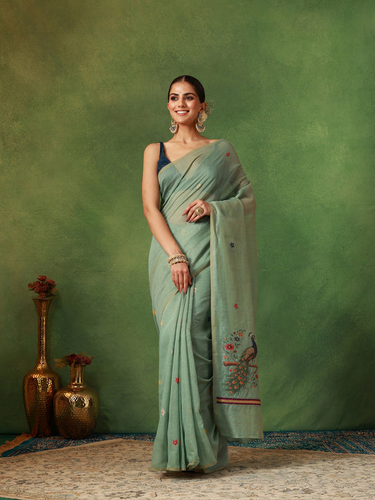 Sage Green Muga Silk Saree