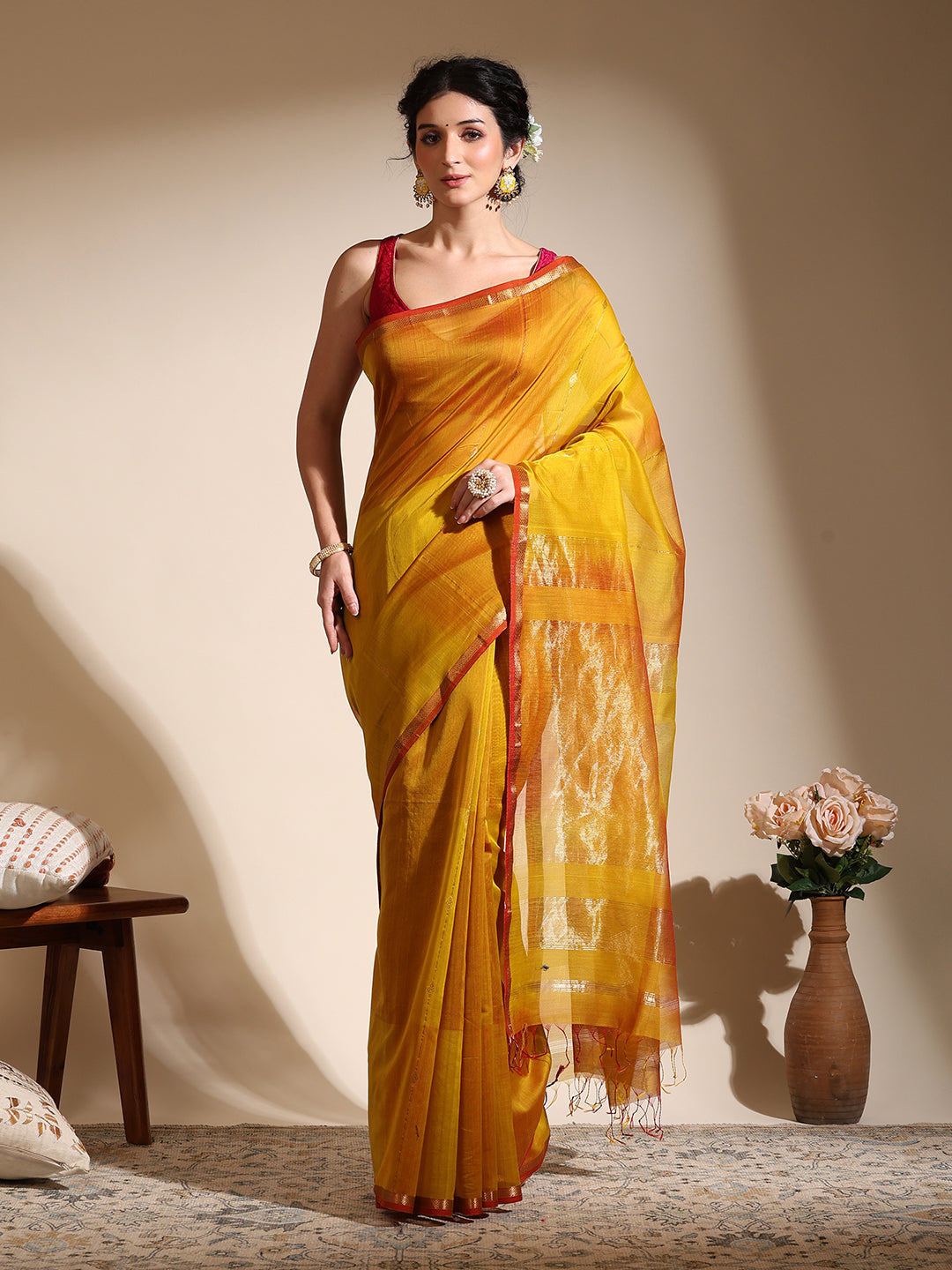 Dual Shade Yellow Maheshwari Saree with Golden zari border