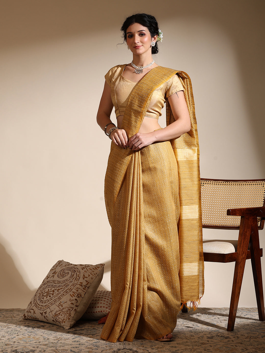 Phalechar Musturd Silk with Needle Art