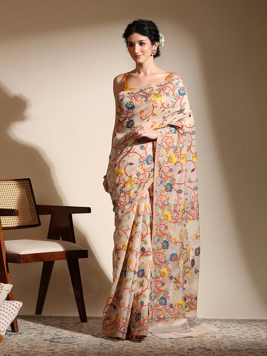Beige Muslin Jamdani Saree