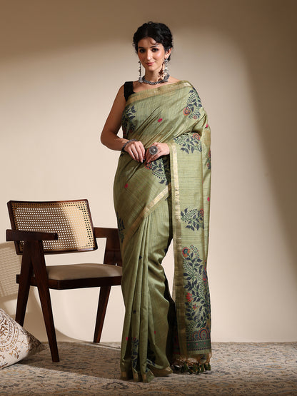 Olive Green Muga Cotton Saree