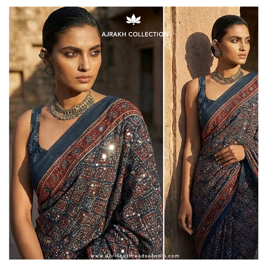 Ajrakh Saree with mirror work