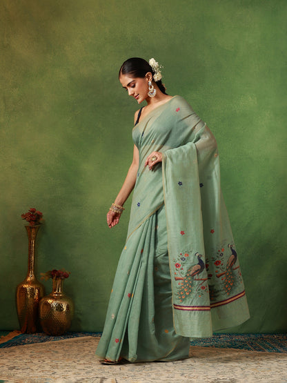 Sage Green Muga Silk Saree