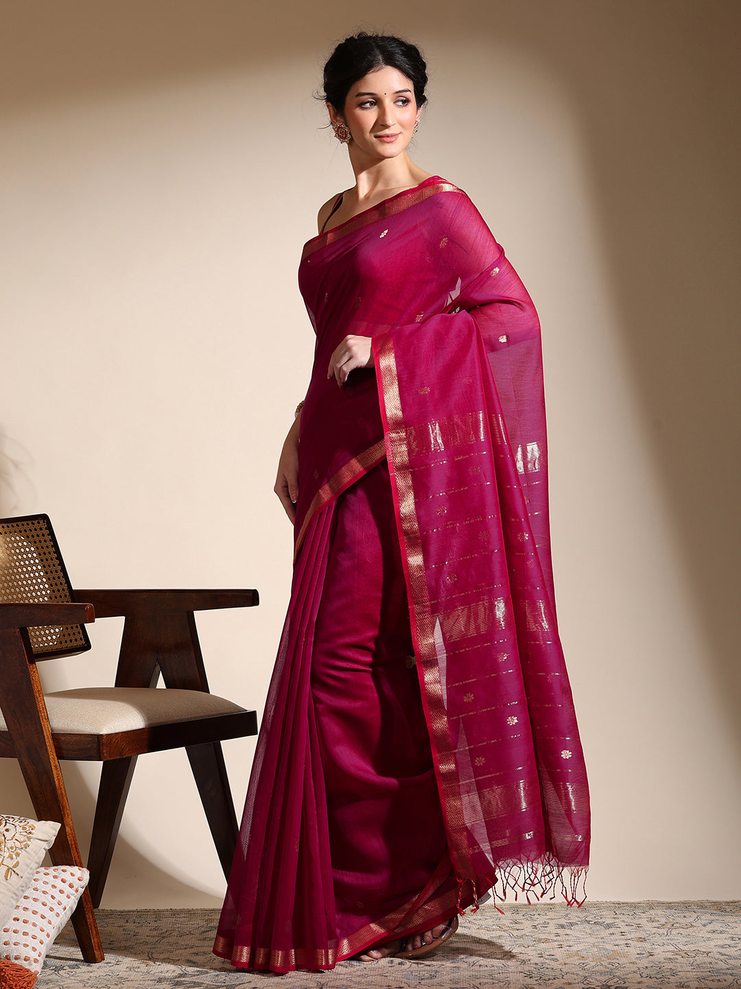 Rani Pink Maheshwari Saree with golden zari