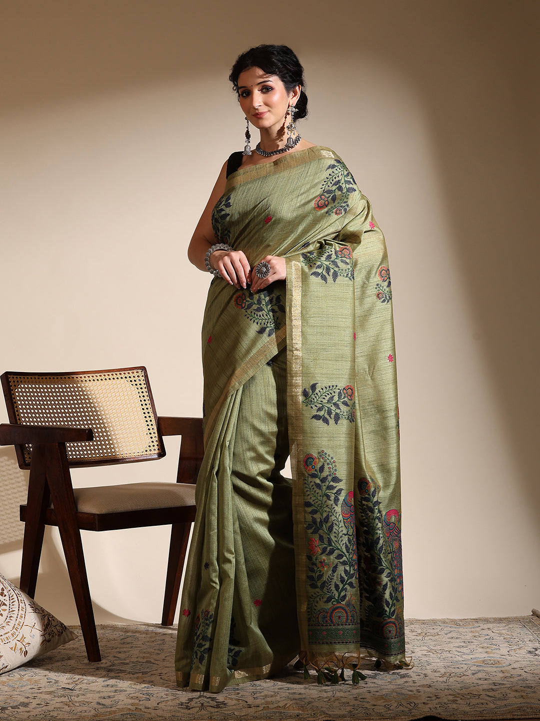 Olive Green Muga Cotton Saree