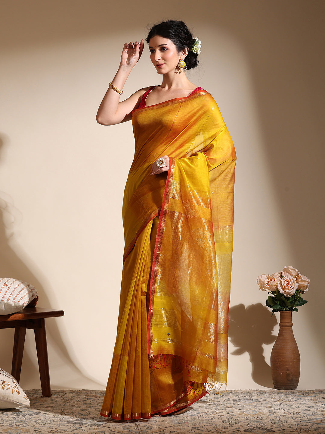Dual Shade Yellow Maheshwari Saree with Golden zari border