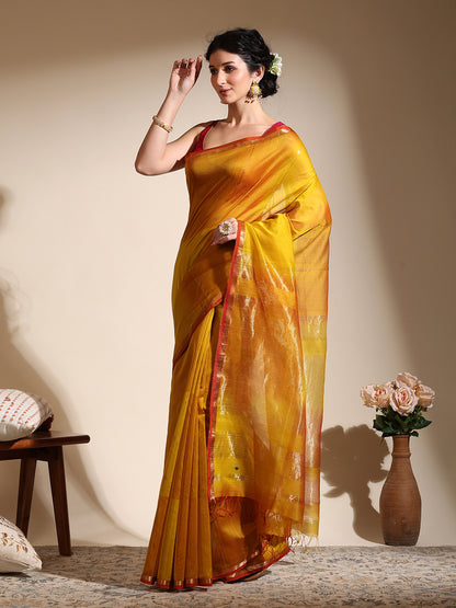 Dual Shade Yellow Maheshwari Saree with Golden zari border