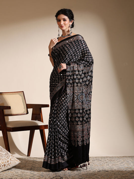 Black Ajrakh Hand Block Printed Modal Silk Saree with Mirror Work