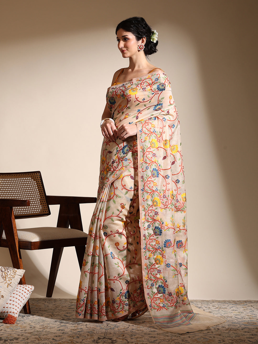 Beige Muslin Jamdani Saree