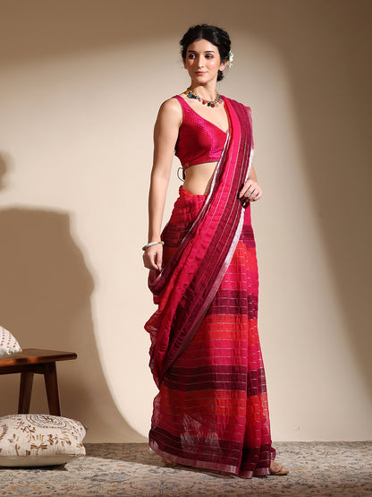 Multi-colored linen saree with silver zari interlacing