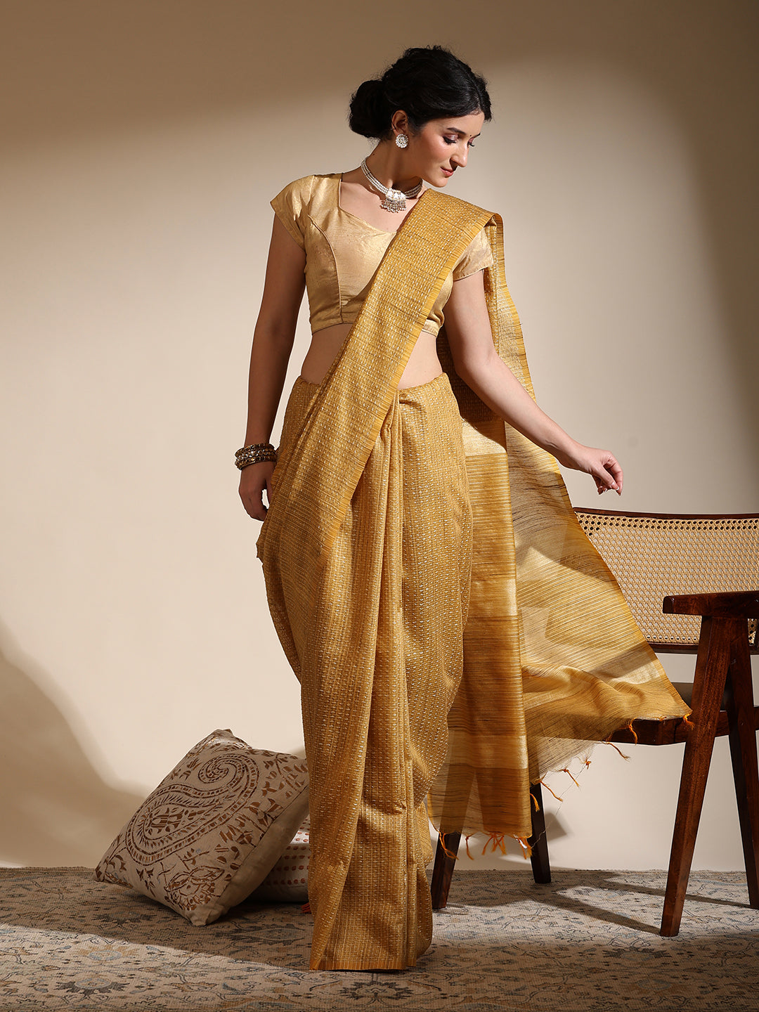 Phalechar Musturd Silk with Needle Art