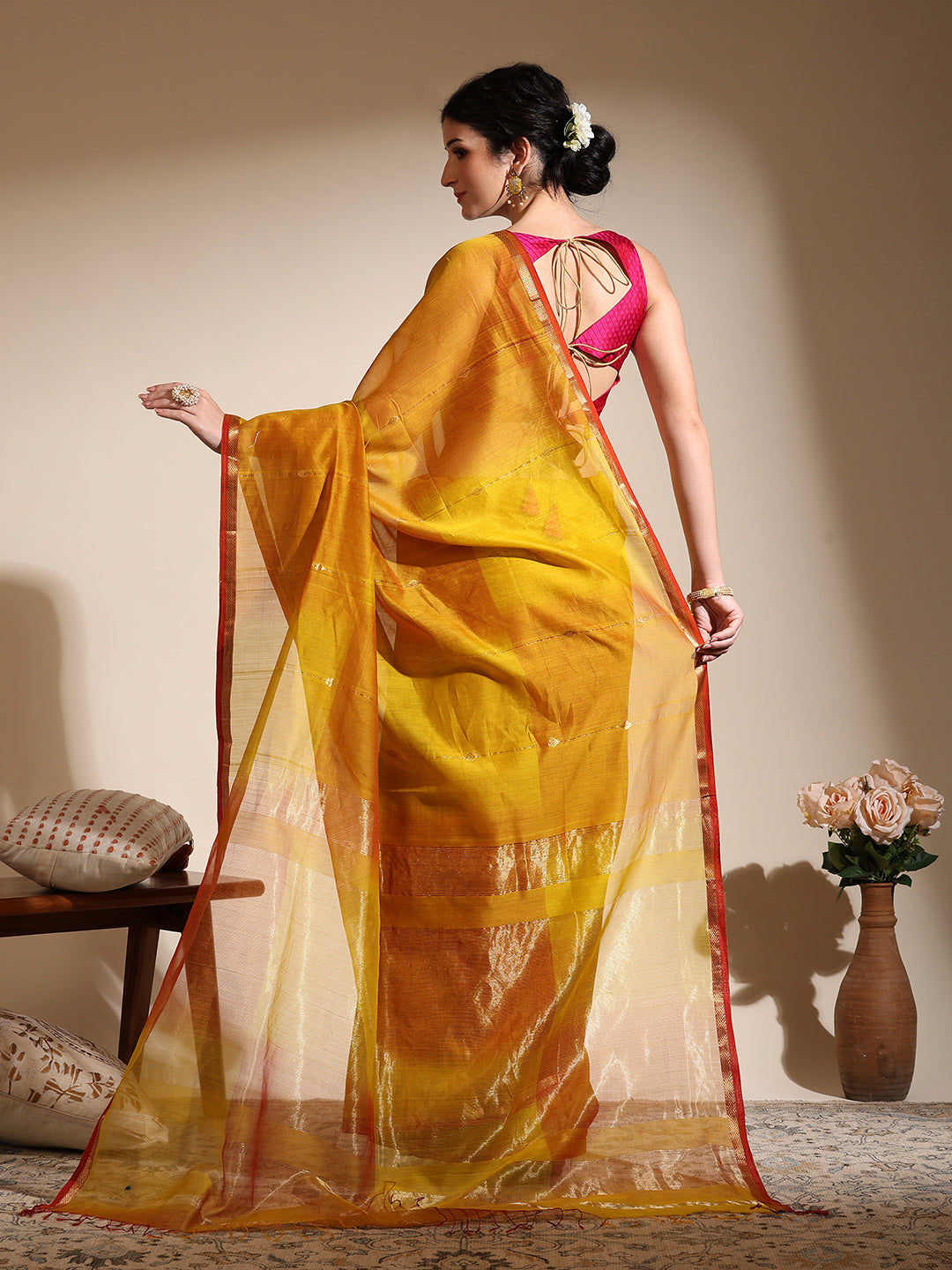 Dual Shade Yellow Maheshwari Saree with Golden zari border