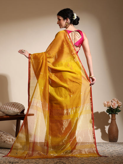 Dual Shade Yellow Maheshwari Saree with Golden zari border