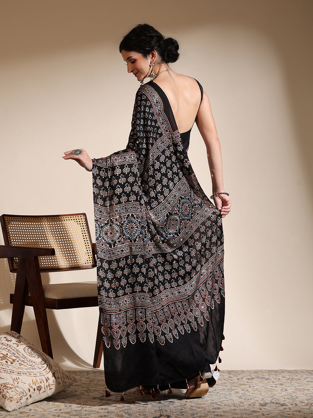 Black Ajrakh Hand Block Printed Modal Silk Saree with Mirror Work