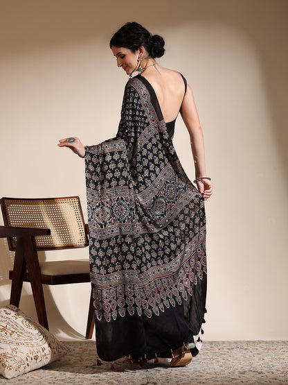 Black Ajrakh Hand Block Printed Modal Silk Saree with Mirror Work