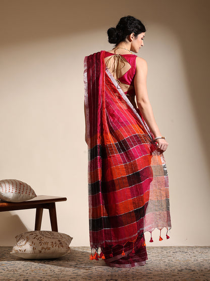 Multi-colored linen saree with silver zari interlacing