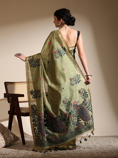 Olive Green Muga Cotton Saree