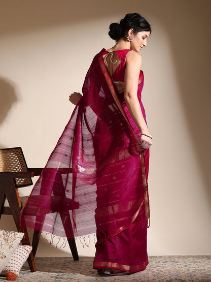 Rani Pink Maheshwari Saree with golden zari