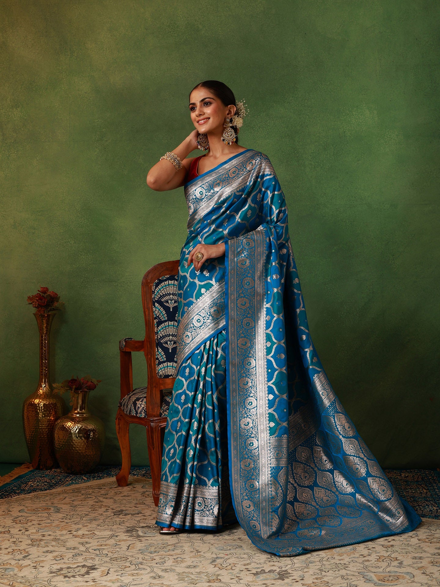 Peacock Blue Rangkat Silk Saree