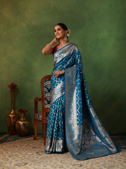 Peacock Blue Rangkat Silk Saree