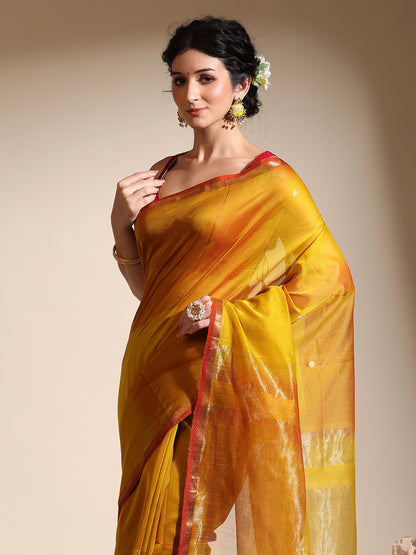 Dual Shade Yellow Maheshwari Saree with Golden zari border