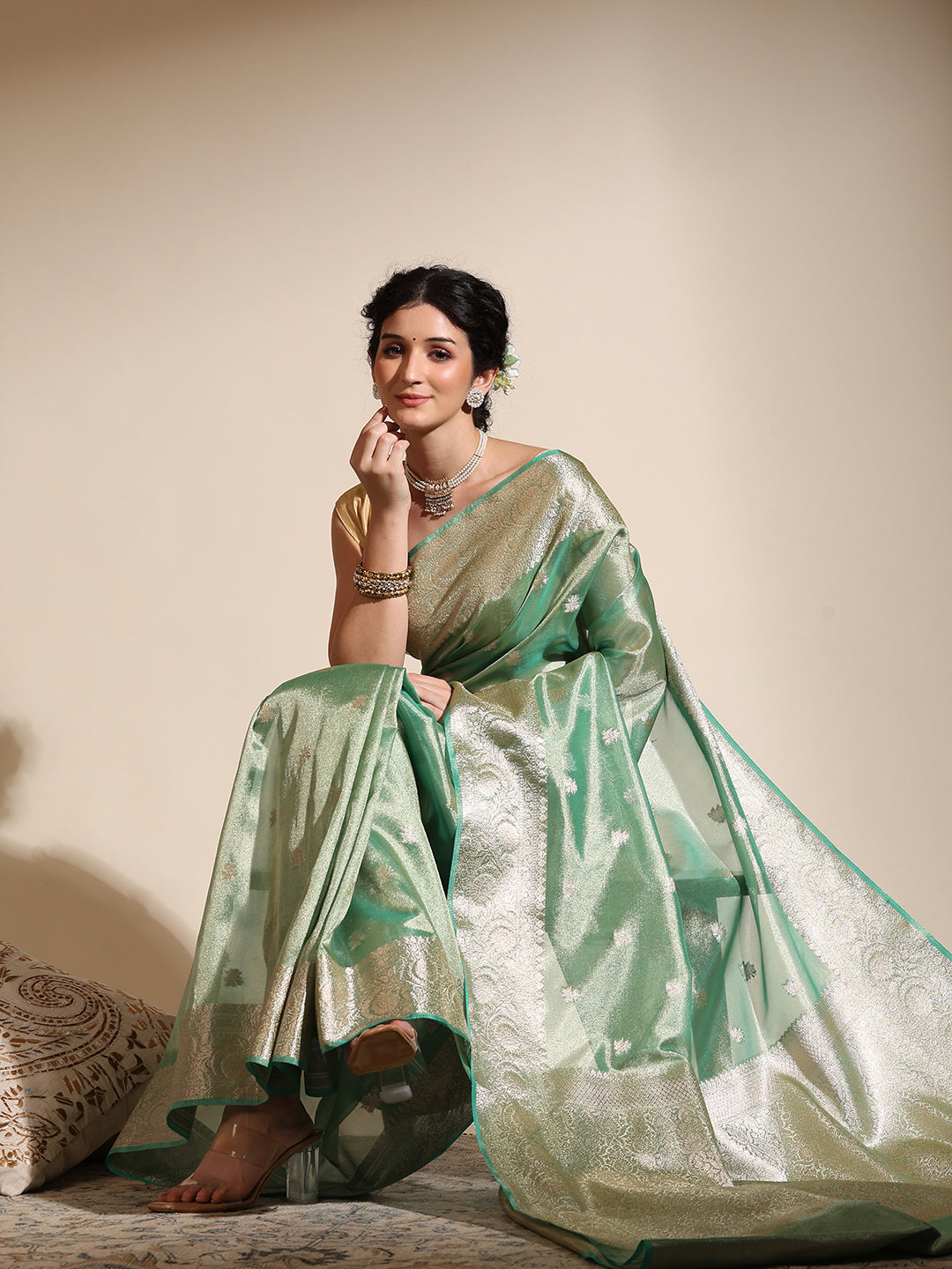 Mint Green Banarasi Tissue Saree