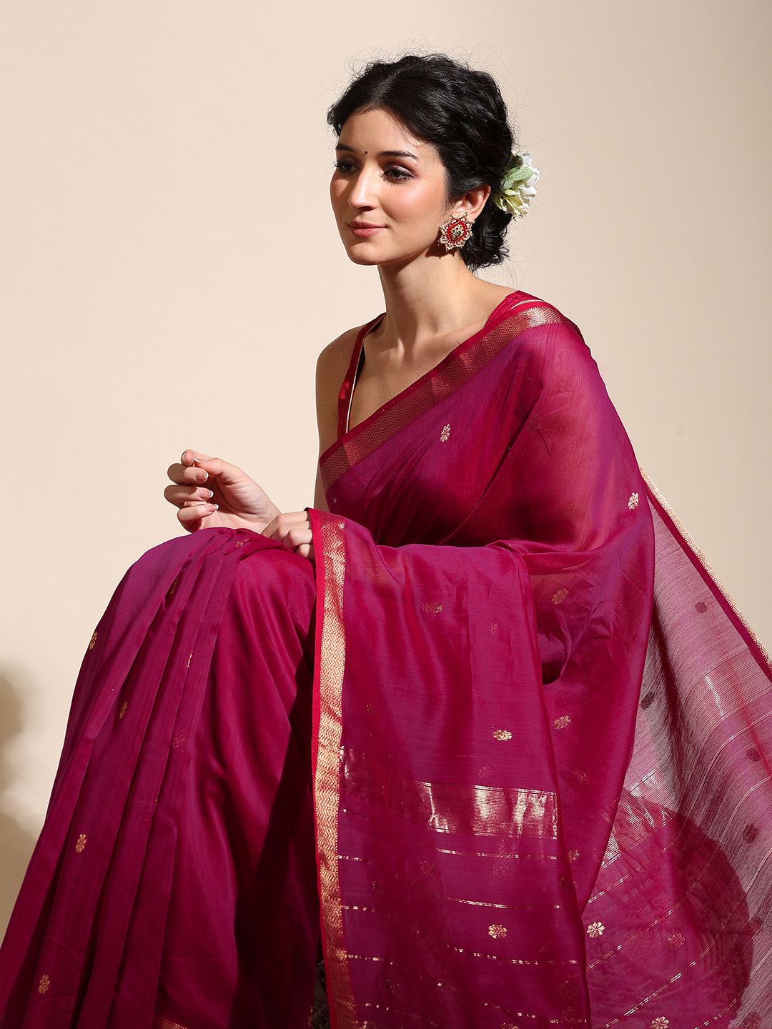 Rani Pink Maheshwari Saree with golden zari