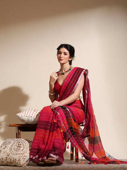 Multi-colored linen saree with silver zari interlacing
