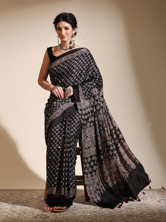 Black Ajrakh Hand Block Printed Modal Silk Saree with Mirror Work