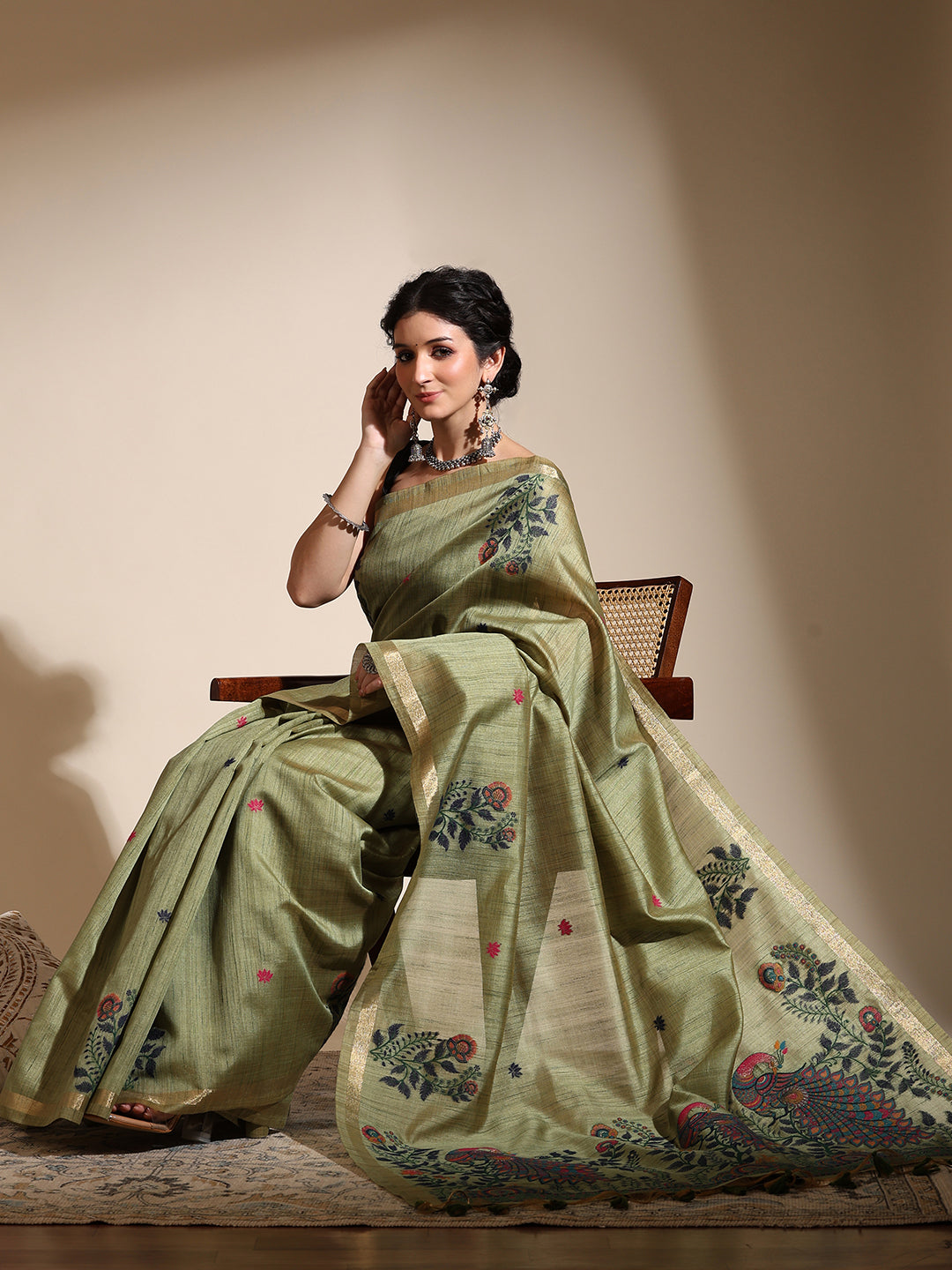 Olive Green Muga Cotton Saree