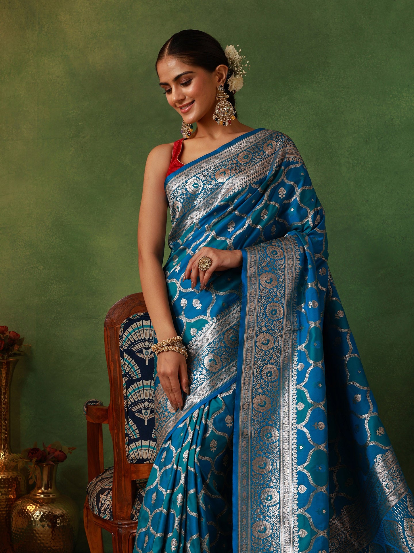 Peacock Blue Rangkat Silk Saree