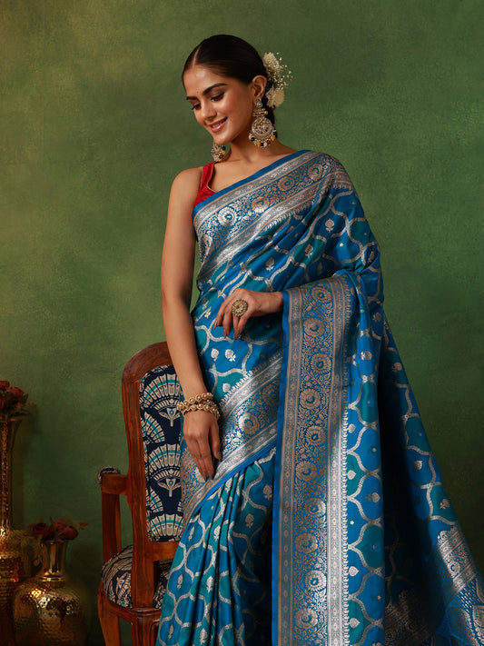 Peacock Blue Rangkat Silk Saree