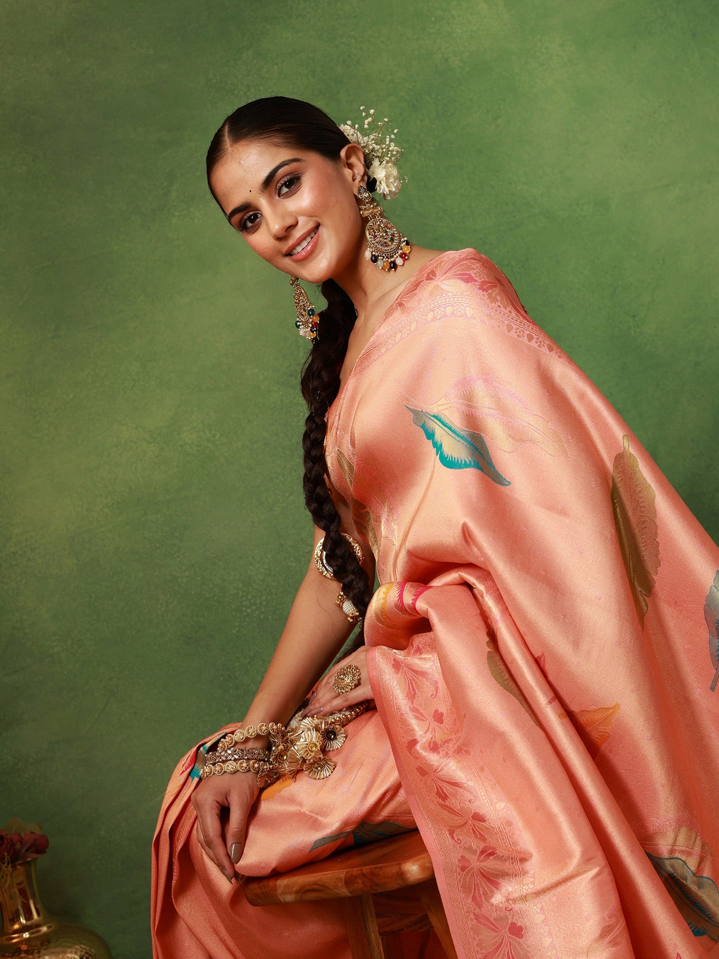 Peach Katan Silk Banarasi Saree